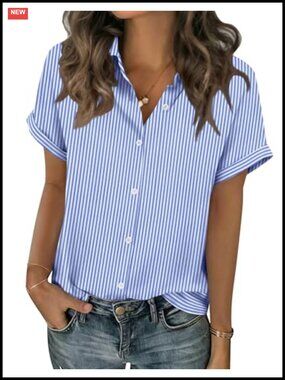 Short Sleeve Button Down Blouse Striped Summer Work Top